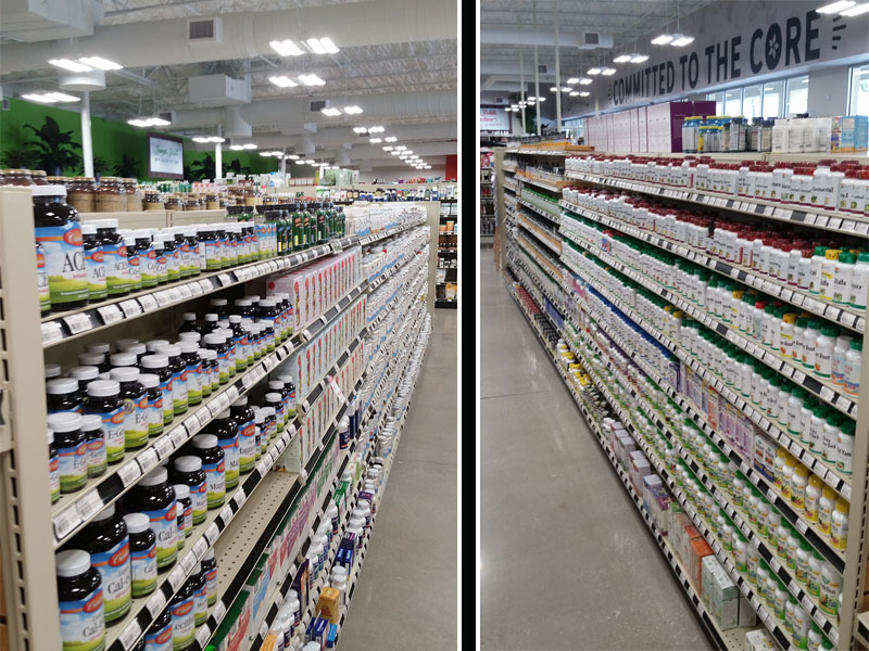 Endless rows of shelves contain all the supplements on could ever need. 